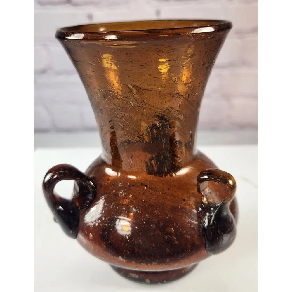 Vintage Hand Blown Triple Handle Vase Brown Color Blenko?